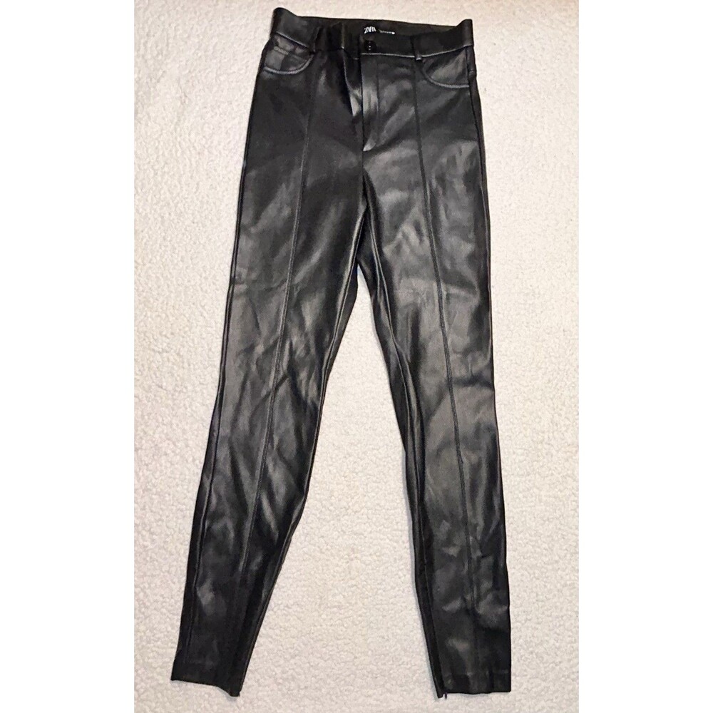 Zara Faux Leather Pants Womens Size S Small Black High Waisted Seam Leggings